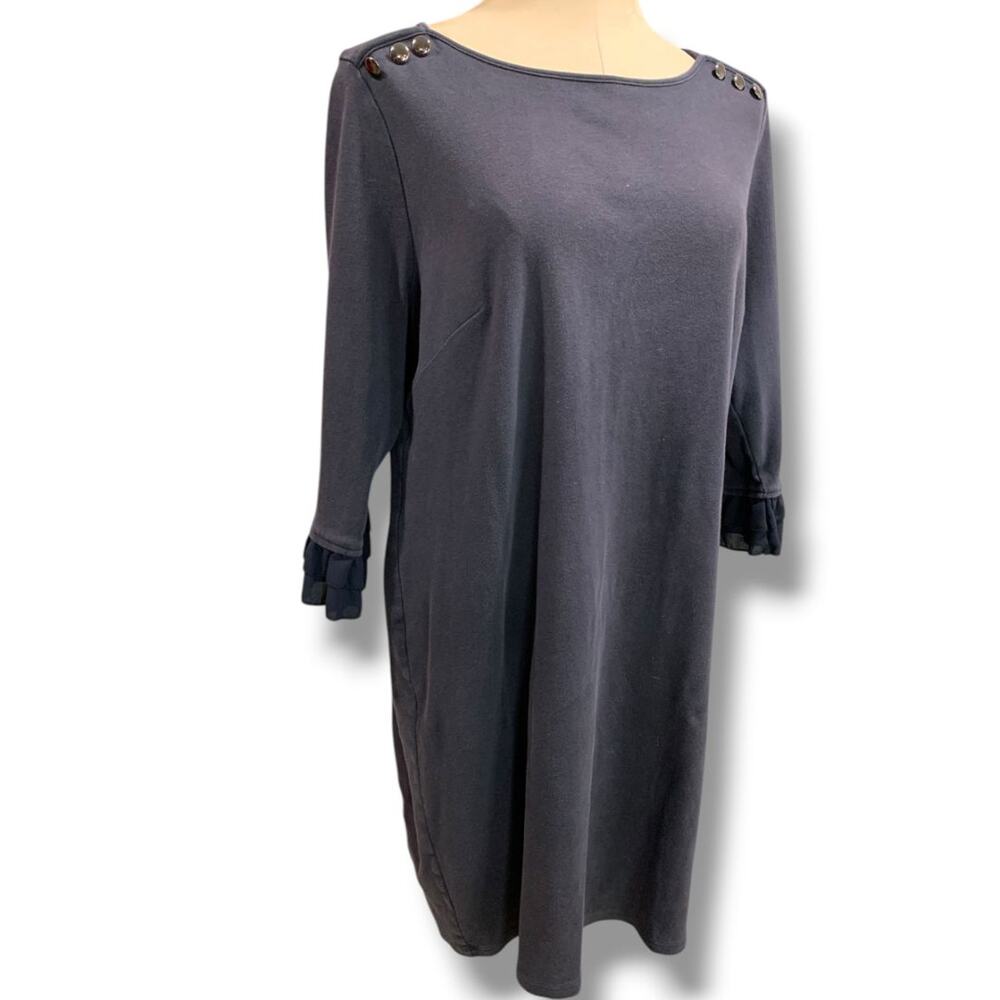 Size 1X Talbots Plus Size Womens Knit Dress Navy Blue 3/4 Ruffle Trim Sleeve